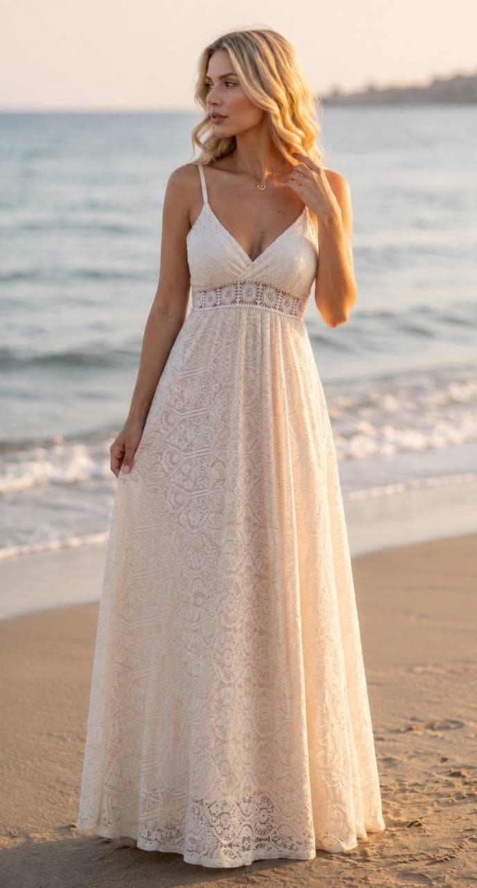 Beige Lace Maxi Dress, Boho Beach Dress, Summer Wedding Dress, Bohemian Bridal Dress, Romantic Vacation Dress.