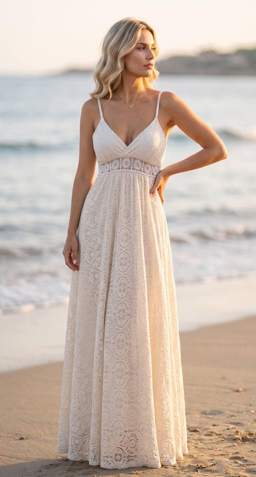 Beige Lace Maxi Dress, Boho Beach Dress, Summer Wedding Dress, Bohemian Bridal Dress, Romantic Vacation Dress.