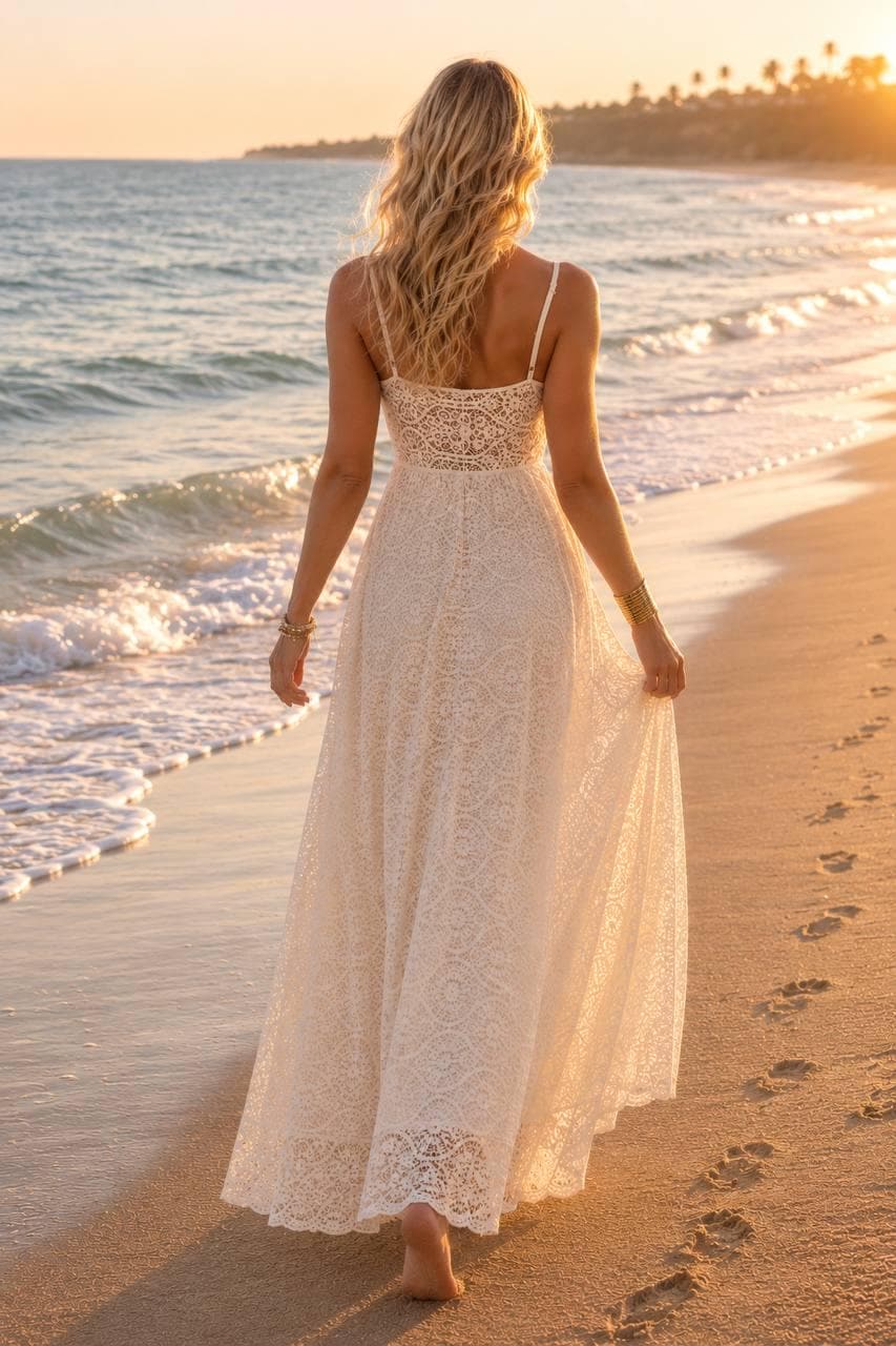 Beige Lace Maxi Dress, Boho Beach Dress, Summer Wedding Dress, Bohemian Bridal Dress, Romantic Vacation Dress.