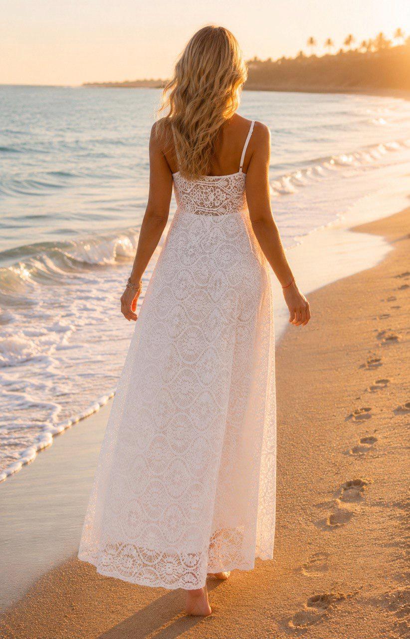 Beige Lace Maxi Dress, Boho Beach Dress, Summer Wedding Dress, Bohemian Bridal Dress, Romantic Vacation Dress.
