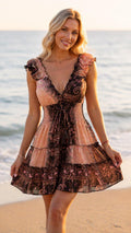 Boho Mini Dress, Brown Paisley Print Dress, V Neck Ruffle Dress, Summer Beach Dress, Festival Dress, Bohemian Party Dress, Mini Boho Dress.