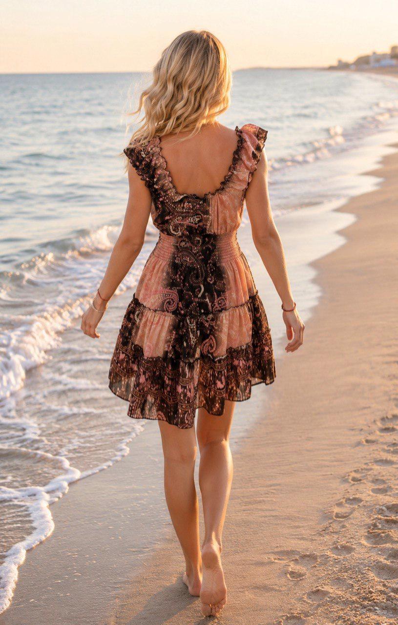 Boho Mini Dress, Brown Paisley Print Dress, V Neck Ruffle Dress, Summer Beach Dress, Festival Dress, Bohemian Party Dress, Mini Boho Dress.