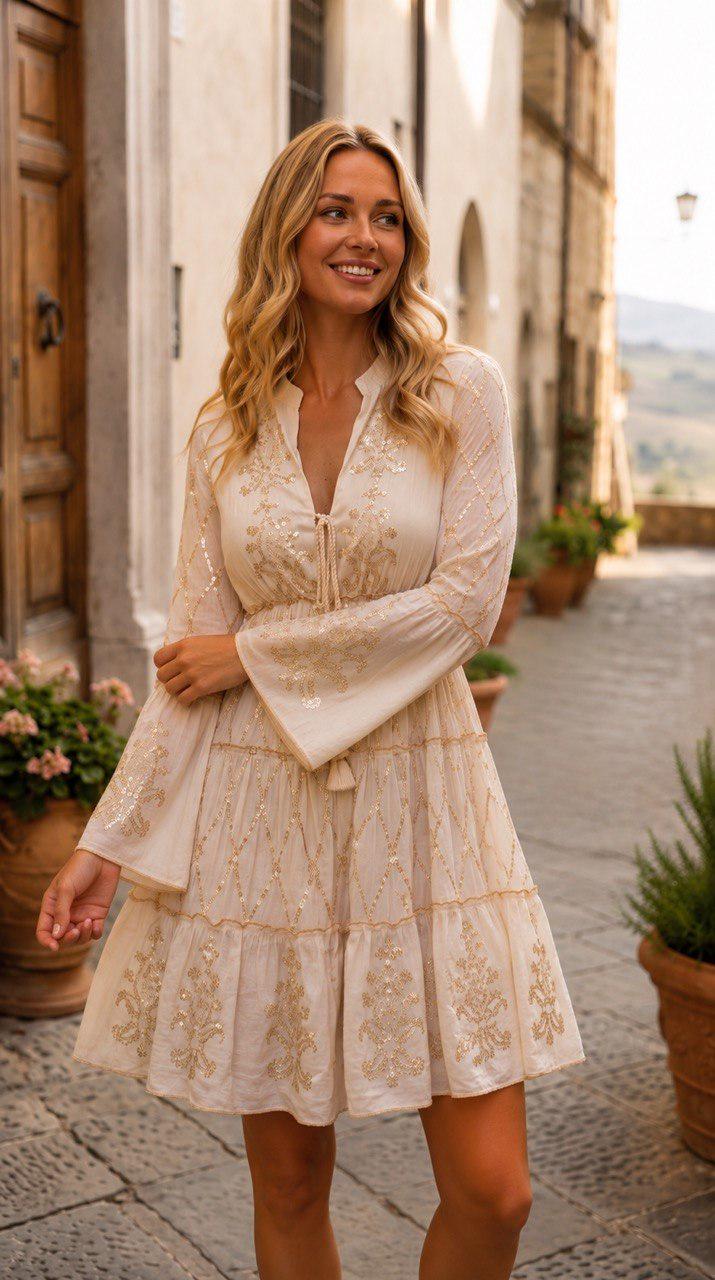 Boho Mini Dress, Ivory Embroidered Dress, Romantic Summer Dress, Long Sleeve Tunic Dress, Bohemian Wedding Guest Dress.