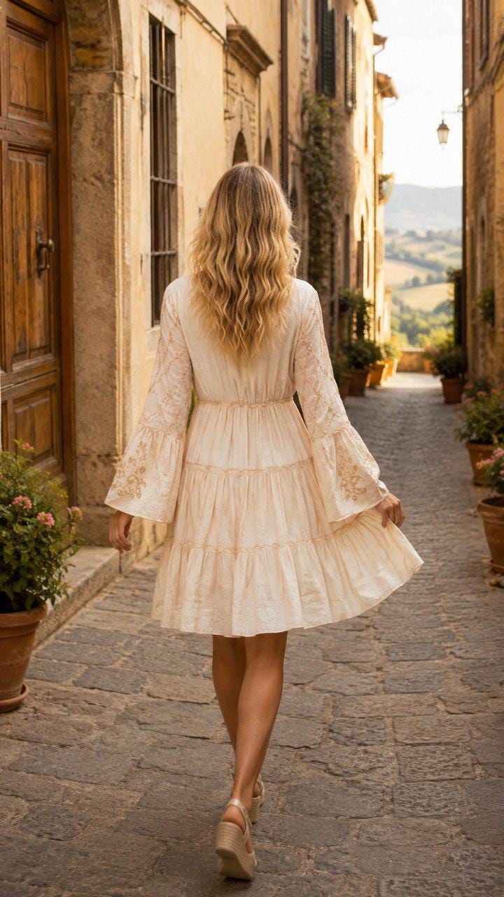 Boho Mini Dress, Ivory Embroidered Dress, Romantic Summer Dress, Long Sleeve Tunic Dress, Bohemian Wedding Guest Dress.
