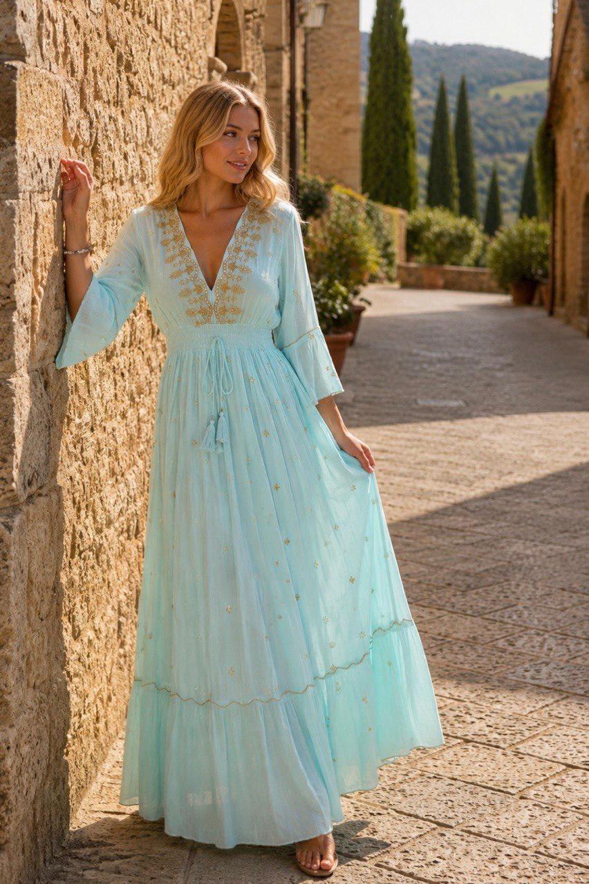 Boho Maxi Dress, Light Blue Embroidered Dress, Long Summer Dress, Flowy Bell Sleeve Dress, Bohemian Wedding Guest Dress, Boho Dress.