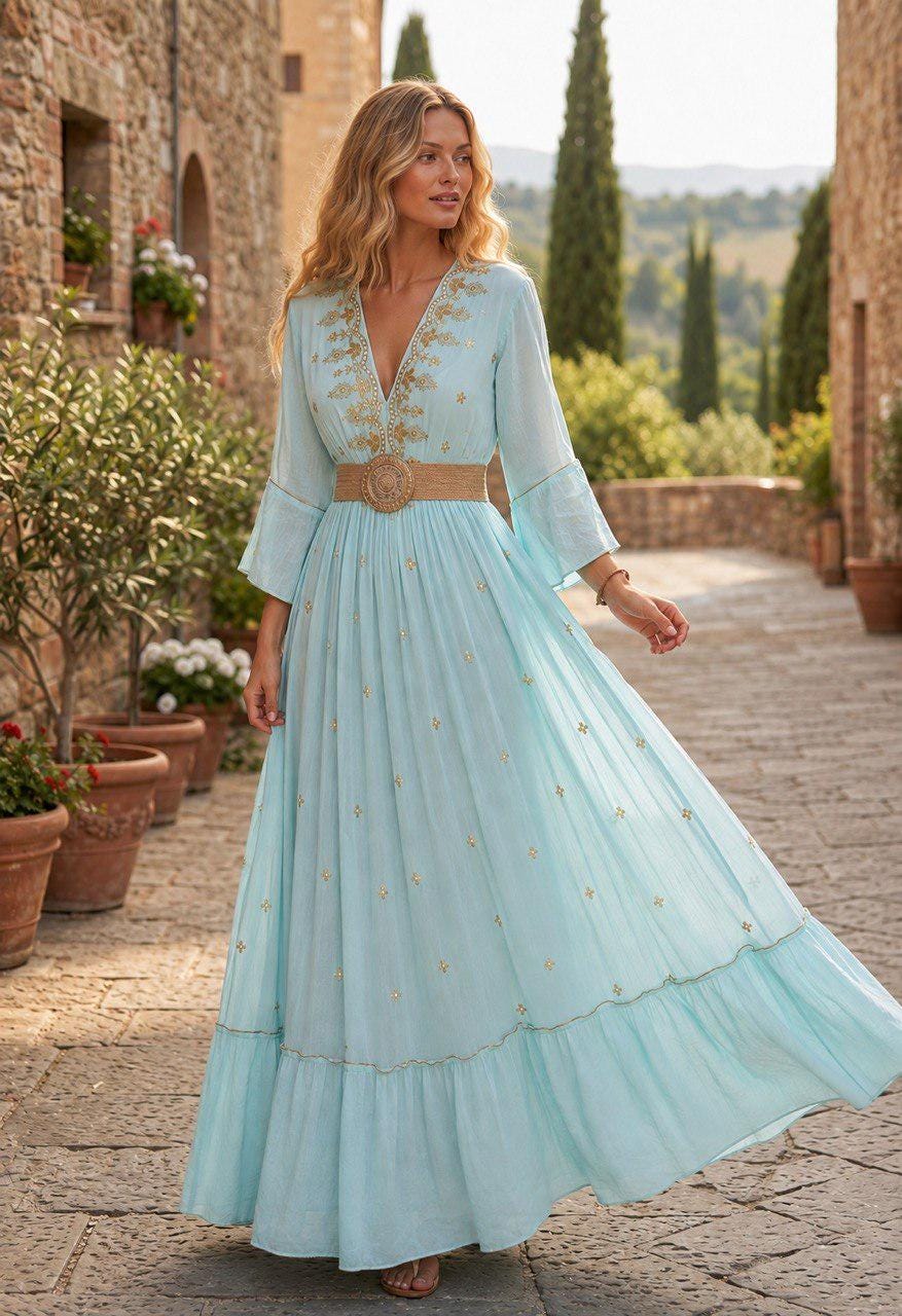 Boho Maxi Dress, Light Blue Embroidered Dress, Long Summer Dress, Flowy Bell Sleeve Dress, Bohemian Wedding Guest Dress, Boho Dress.