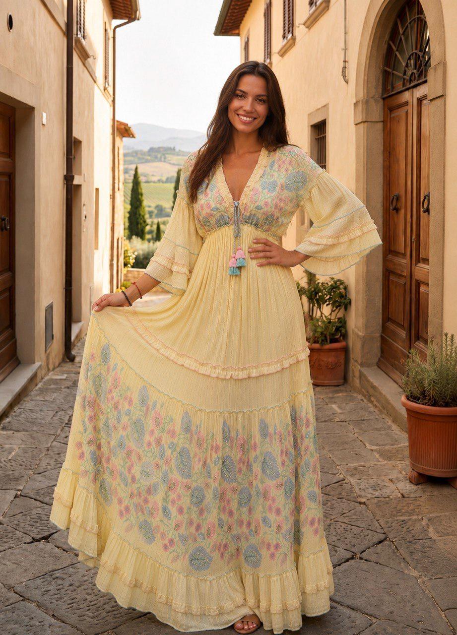 Boho Maxi Dress, Yellow Floral Print Dress, Embroidered V Neck Dress, Flowy Summer Dress, Long Bohemian Dress, Romantic Festival Dress.