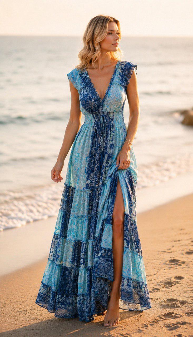 Blue Paisley Maxi Dress, Boho Summer Dress, Long Beach Dress, Bohemian Dress, Flowy Vacation Dress, Festival Dress, Women Dress, Boho Dress.
