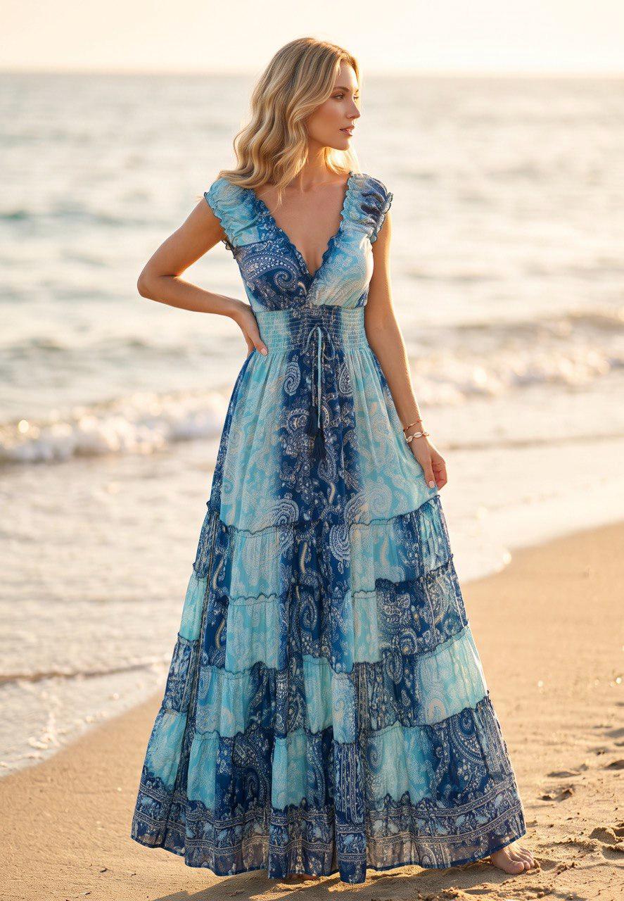 Blue Paisley Maxi Dress, Boho Summer Dress, Long Beach Dress, Bohemian Dress, Flowy Vacation Dress, Festival Dress, Women Dress, Boho Dress.
