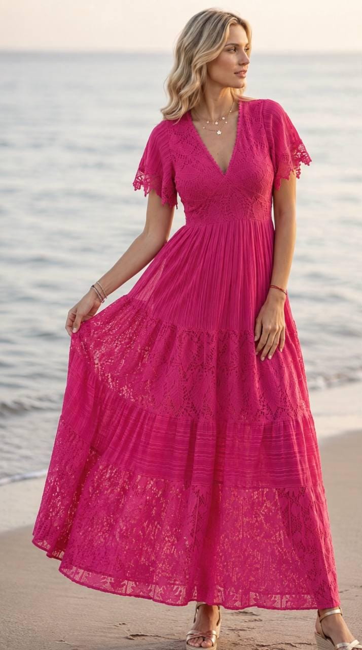 Hot Pink Boho Maxi Dress, Lace Crochet Dress, V Neck Summer Dress, Flowy Beach Dress, Bohemian Wedding Guest Dress, Resort Dress, Boho Dress