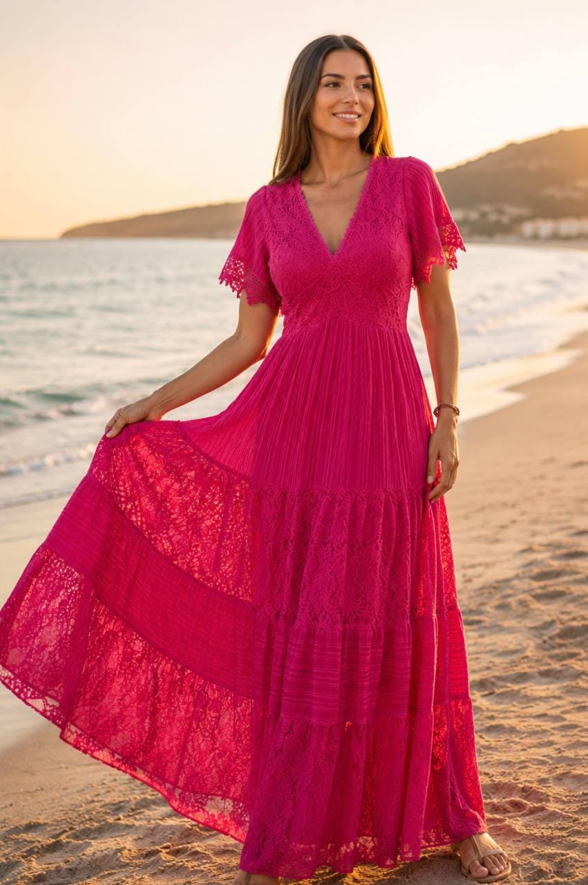 Hot Pink Boho Maxi Dress, Lace Crochet Dress, V Neck Summer Dress, Flowy Beach Dress, Bohemian Wedding Guest Dress, Resort Dress, Boho Dress