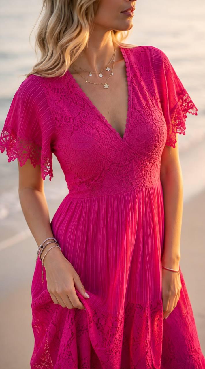 Hot Pink Boho Maxi Dress, Lace Crochet Dress, V Neck Summer Dress, Flowy Beach Dress, Bohemian Wedding Guest Dress, Resort Dress, Boho Dress