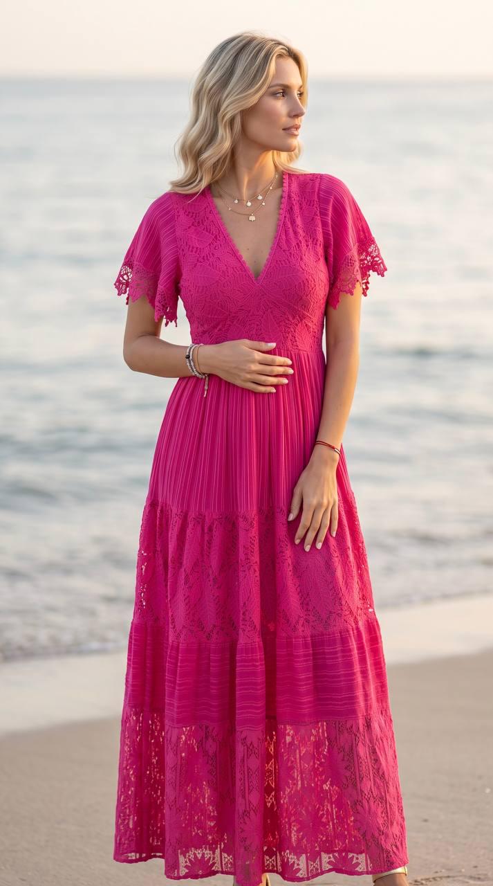 Hot Pink Boho Maxi Dress, Lace Crochet Dress, V Neck Summer Dress, Flowy Beach Dress, Bohemian Wedding Guest Dress, Resort Dress, Boho Dress