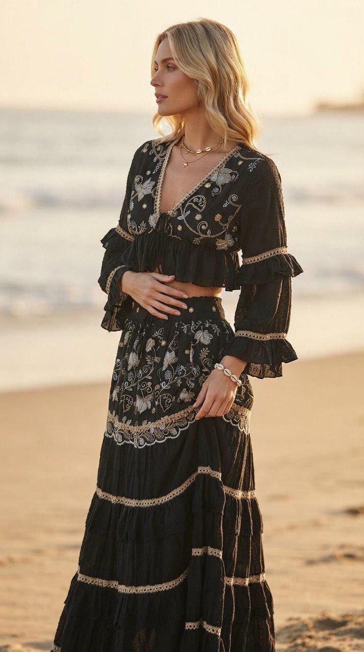 Two Piece Boho Set, Jupe Boho, Maxi Skirt and Crop Top, Bohemian Summer Outfit, Boho Chic Two Piece Set, Hippie Summer Outfit.