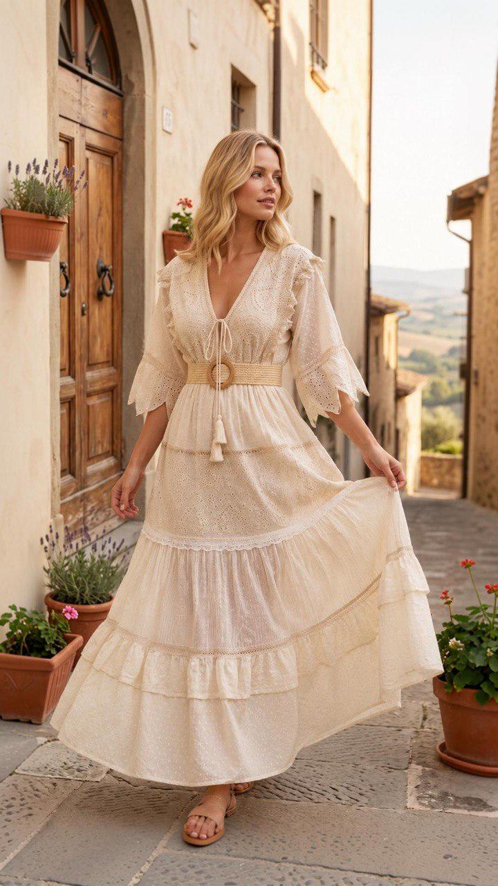 Boho White Maxi Dress, Romantic Eyelet Lace Dress, Cottagecore Summer Dress, V Neck Ruffle Dress, Beach Wedding Dress, Boho Maxi Dress.