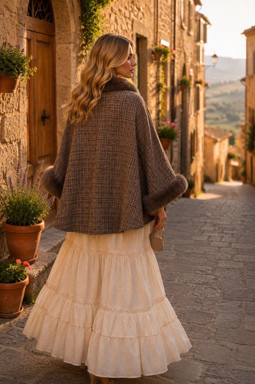 Boho Faux Fur Trimmed Poncho, Women's Winter Cape, Elegant Bohemian Shawl, Cozy Plaid Wrap, Festival Outerwear, Autumn Layer.