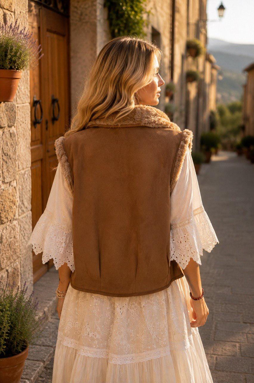 Boho Faux Suede Fur Vest, Women’s Brown Shearling Vest, Bohemian Sleeveless Jacket, Western Waistcoat, Fall Winter Layering Vest.