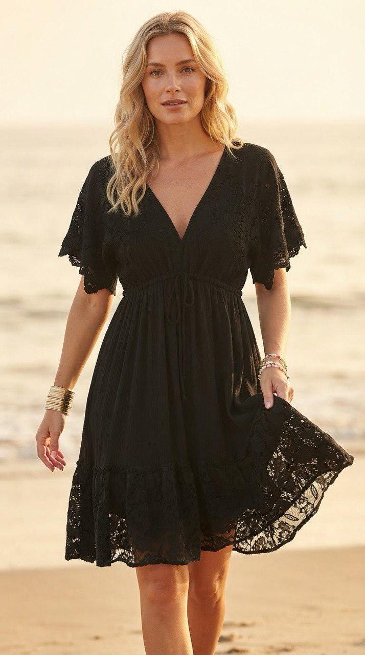 Black Boho Mini Dress, Lace V Neck Summer Dress, Romantic Bohemian Party Dress, Flowy Vacation Dress, Wedding Guest Outfit.
