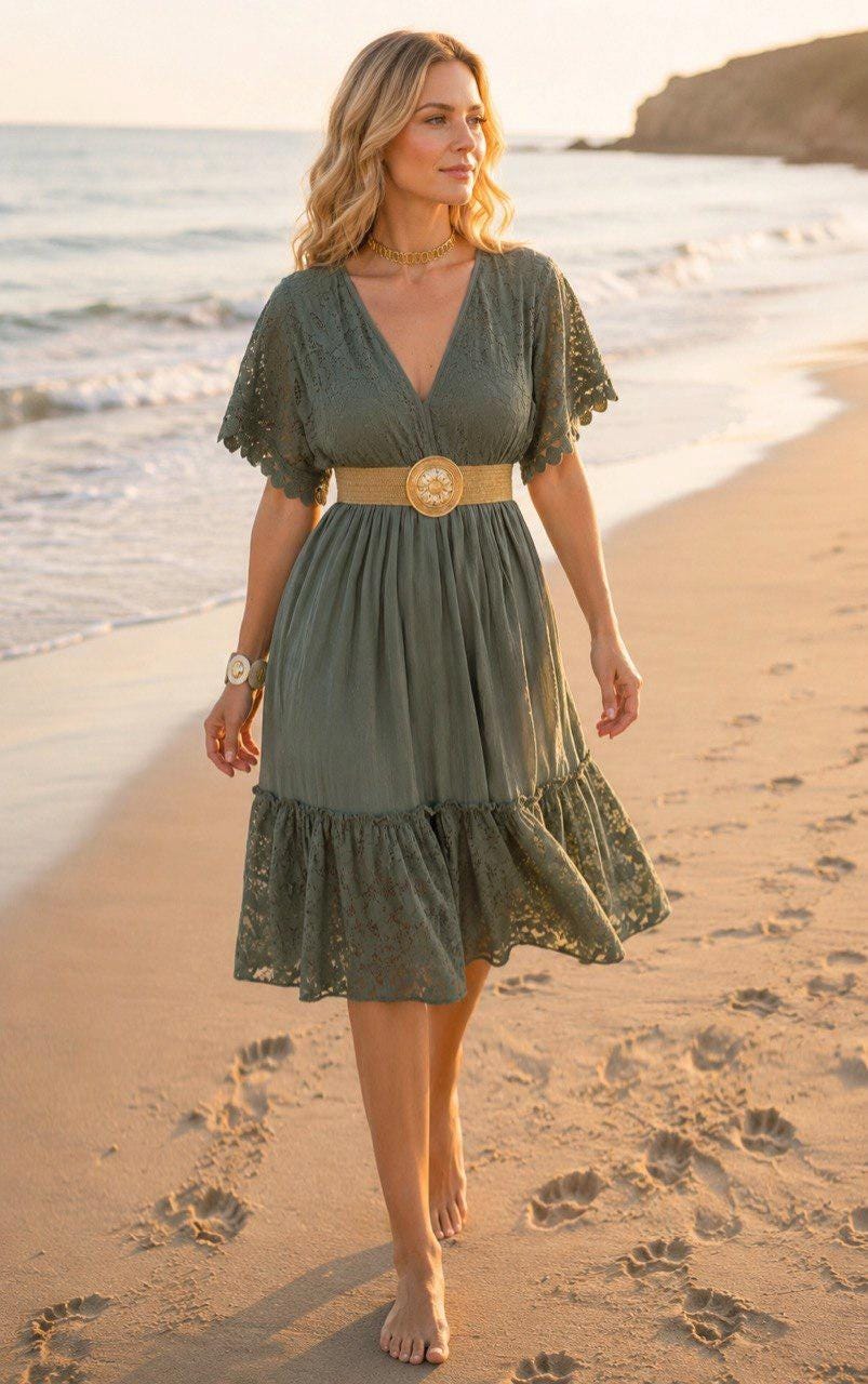 Boho Lace Midi Dress, Beige Summer Dress, Romantic V Neck Dress, Beach Vacation Dress, Bohemian Maxi Dress, Wedding Guest Dress, Boho Dress.