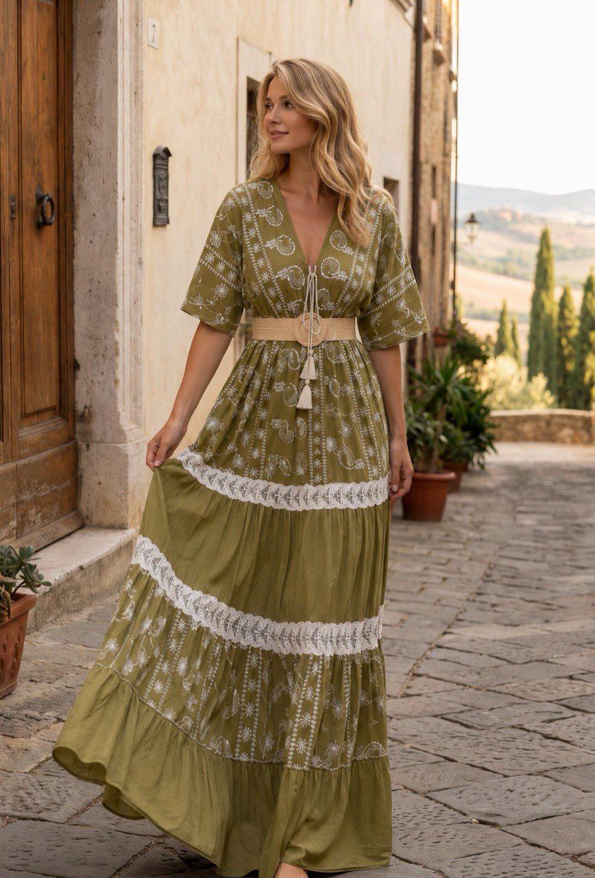 Olive Green Boho Maxi Dress, Embroidered Floral Dress, Long Summer Dress, Bohemian Wedding Guest Dress, Flowy Cotton Dress, Boho Dress.