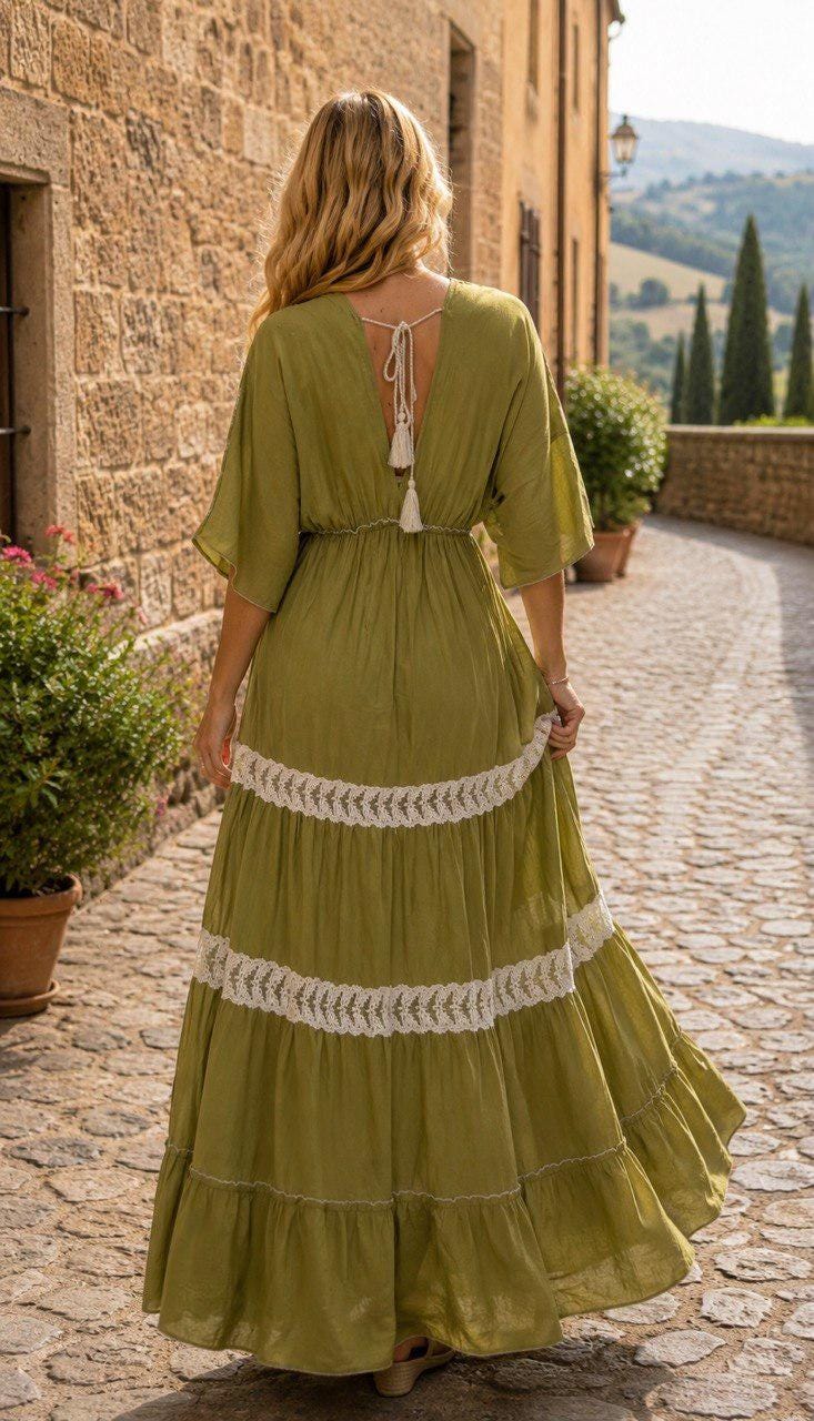 Olive Green Boho Maxi Dress, Embroidered Floral Dress, Long Summer Dress, Bohemian Wedding Guest Dress, Flowy Cotton Dress, Boho Dress.