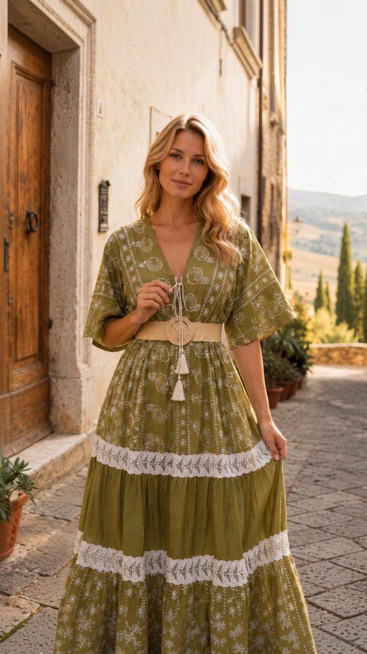 Olive Green Boho Maxi Dress, Embroidered Floral Dress, Long Summer Dress, Bohemian Wedding Guest Dress, Flowy Cotton Dress, Boho Dress.