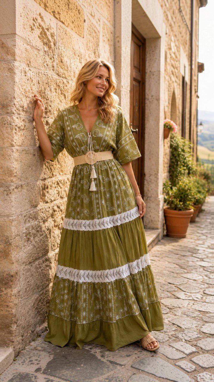 Olive Green Boho Maxi Dress, Embroidered Floral Dress, Long Summer Dress, Bohemian Wedding Guest Dress, Flowy Cotton Dress, Boho Dress.