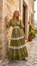 Olive Green Boho Maxi Dress, Embroidered Floral Dress, Long Summer Dress, Bohemian Wedding Guest Dress, Flowy Cotton Dress, Boho Dress.