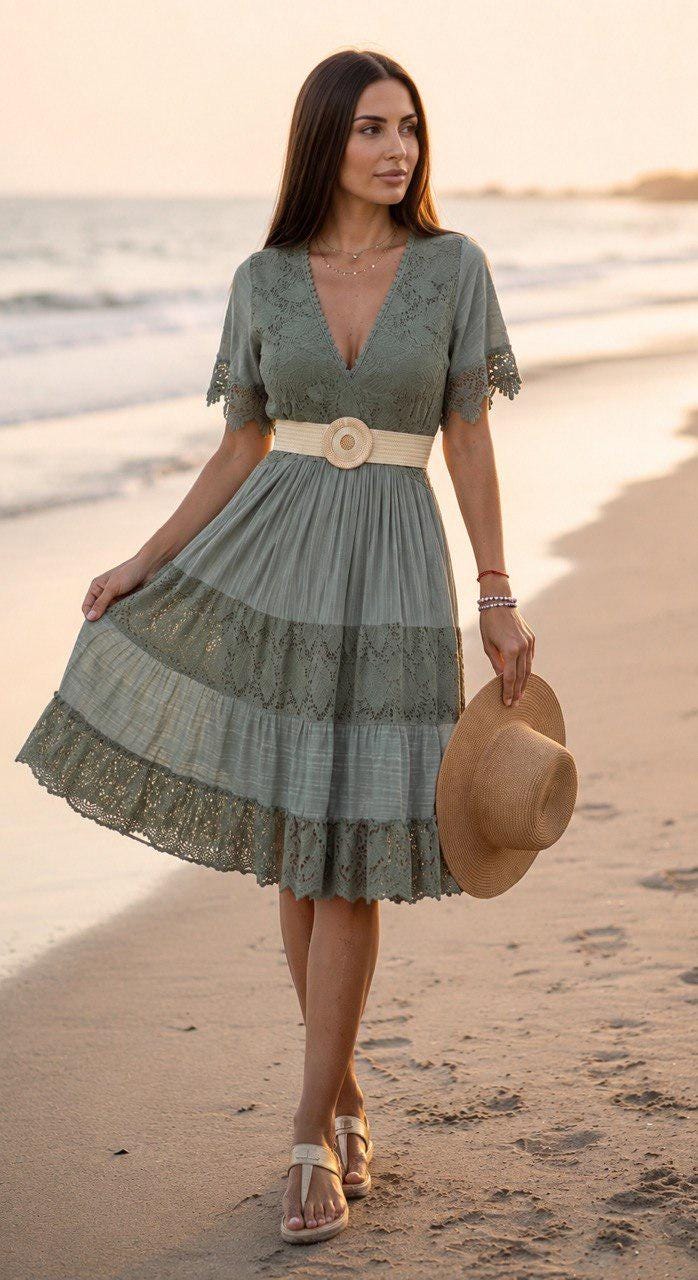 Sage Green Boho Lace Dress, Short Summer Dress, V Neck Mini Dress, Romantic Beach Dress, Cottagecore Dress, Flutter Sleeve Dress, Boho Dress