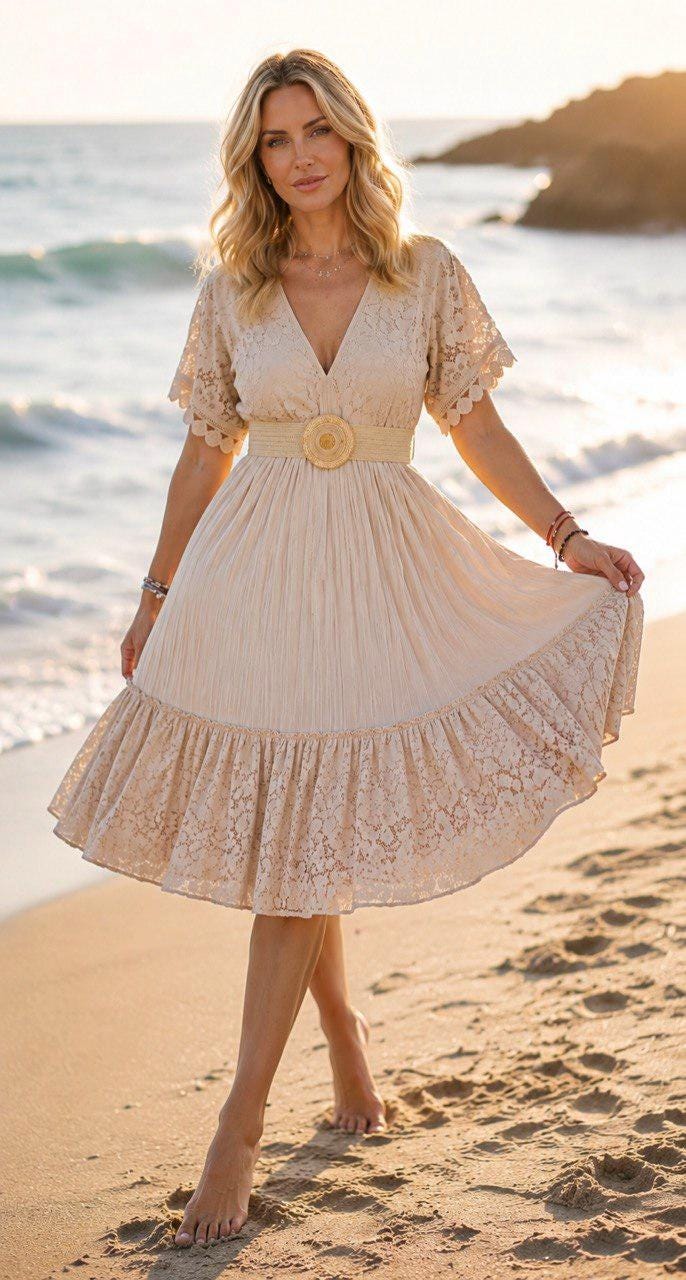 Boho Lace Midi Dress, Beige Summer Dress, Romantic V Neck Dress, Beach Vacation Dress, Bohemian Maxi Dress, Wedding Guest Dress, Boho Dress.