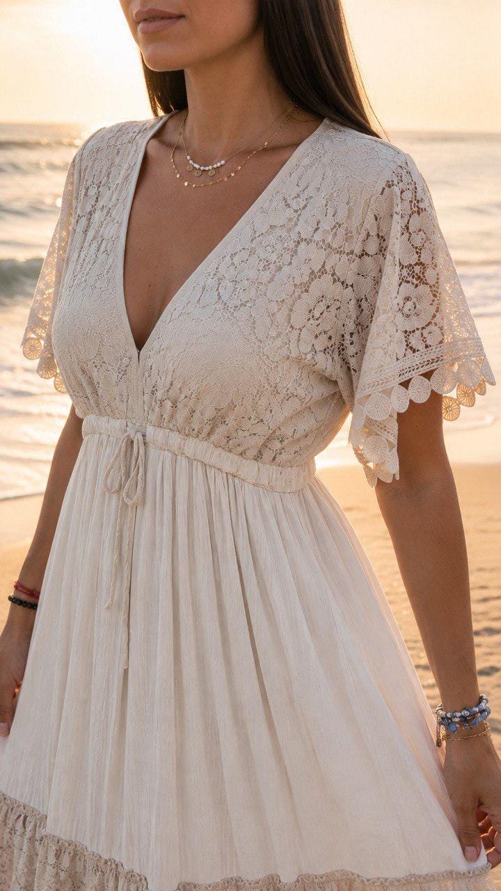Boho Lace Midi Dress, Beige Summer Dress, Romantic V Neck Dress, Beach Vacation Dress, Bohemian Maxi Dress, Wedding Guest Dress, Boho Dress.