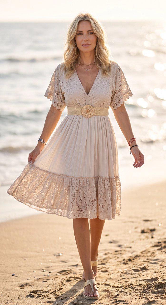 Boho Lace Midi Dress, Beige Summer Dress, Romantic V Neck Dress, Beach Vacation Dress, Bohemian Maxi Dress, Wedding Guest Dress, Boho Dress.