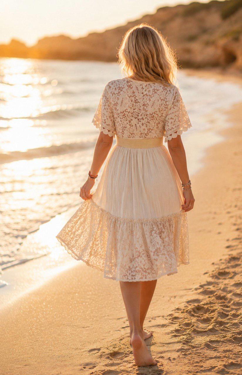 Boho Lace Midi Dress, Beige Summer Dress, Romantic V Neck Dress, Beach Vacation Dress, Bohemian Maxi Dress, Wedding Guest Dress, Boho Dress.