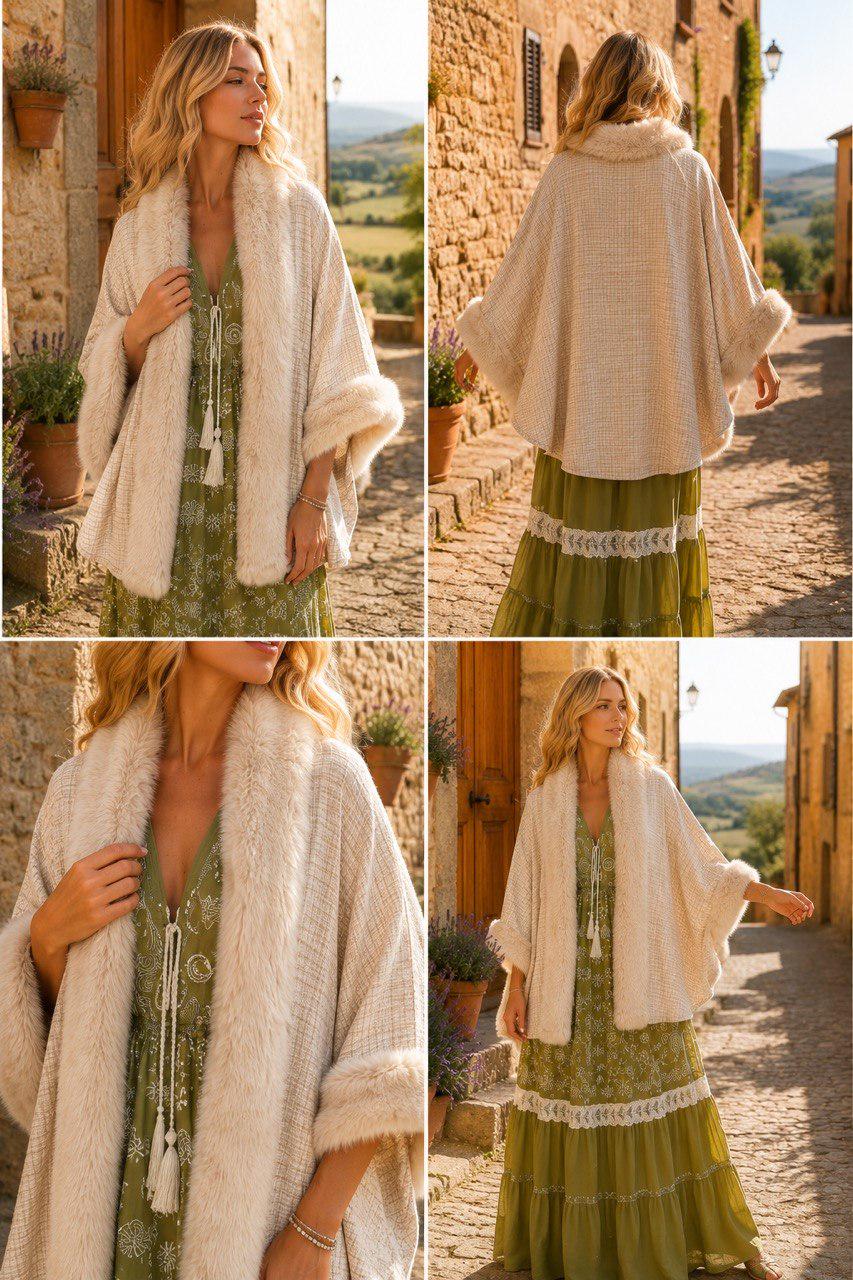 Boho Faux Fur Trimmed Poncho, Women's Winter Cape, Elegant Bohemian Shawl, Cozy Plaid Wrap, Festival Outerwear, Autumn Layer.