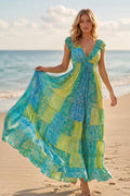 Boho Maxi Dress, Turquoise Blue Green Dress, Floral Paisley Summer Dress, Beach Dress, Flowy Bohemian Dress, Vacation Dress, Silk Boho Dress