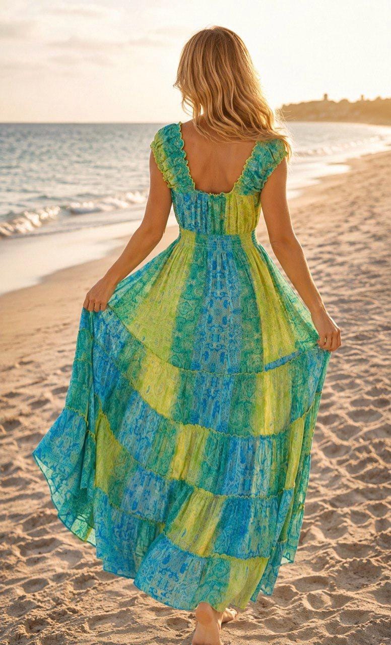 Boho Maxi Dress, Turquoise Blue Green Dress, Floral Paisley Summer Dress, Beach Dress, Flowy Bohemian Dress, Vacation Dress, Silk Boho Dress