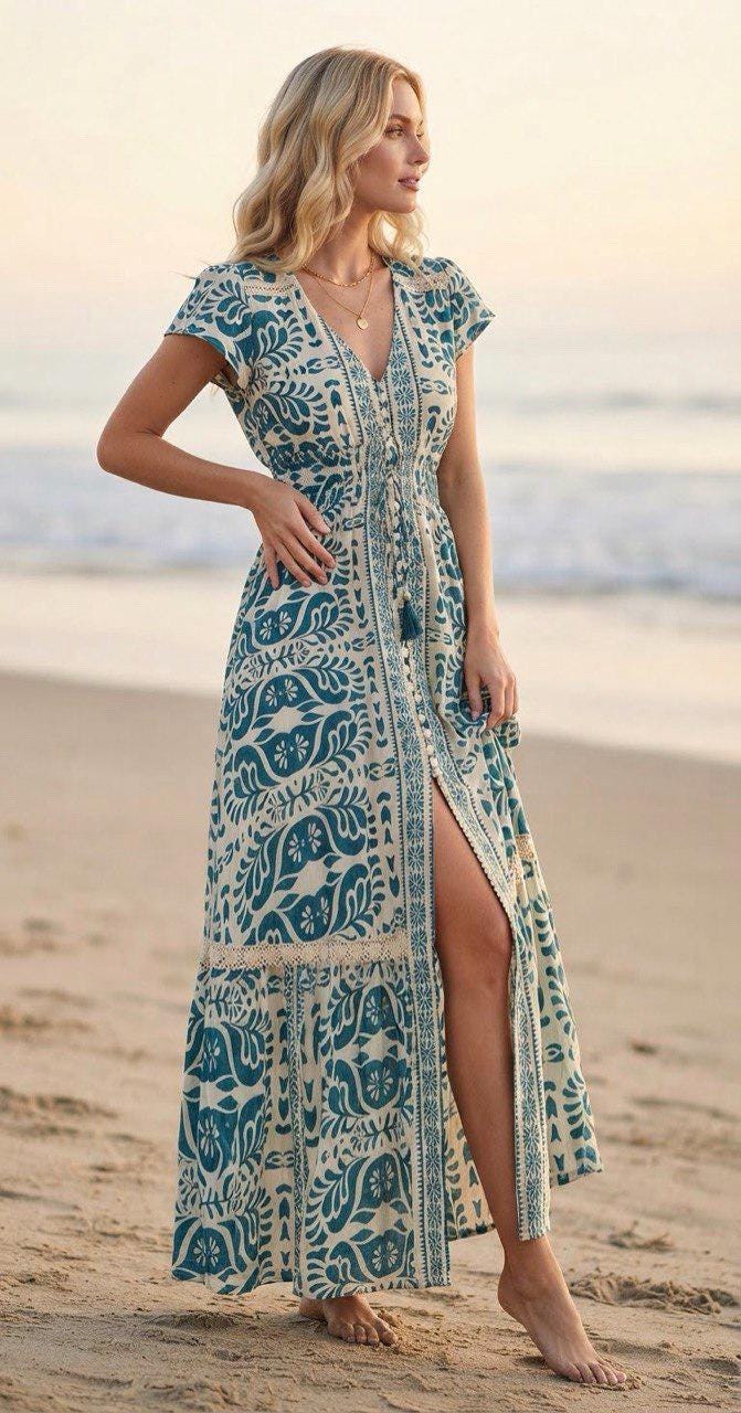 Boho Maxi Dress, Black Beige Floral Dress, Paisley Print Dress, Bohemian Summer Dress, Flowy Beach Dress, Vacation Dress, Resort Wear, Silk.