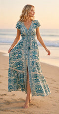 Boho Maxi Dress, Blue White Summer Dress, Paisley Print Dress, Beach Dress, Flowy Bohemian Dress, Vacation Dress, Resort Wear, Boho Dress.