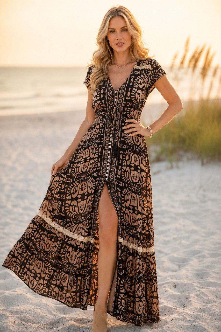 Boho Maxi Dress, Black Beige Floral Dress, Paisley Print Dress, Bohemian Summer Dress, Flowy Beach Dress, Vacation Dress, Resort Wear, Silk.