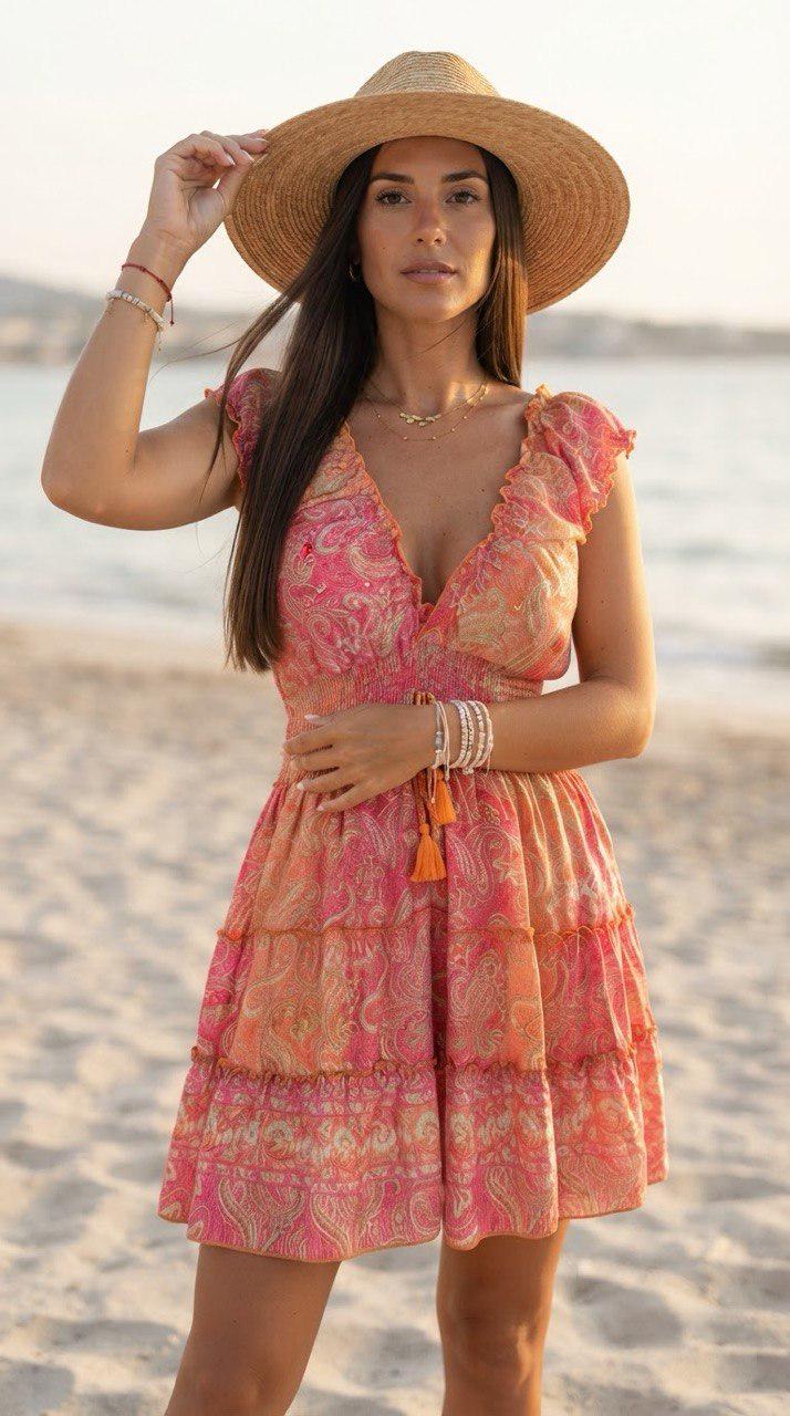 Pink Paisley Boho Mini Dress, Ruffle Summer Dress, Bohemian Beach Dress, Floral Sundress, Festival Dress, Vacation Dress, Cottagecore Dress.