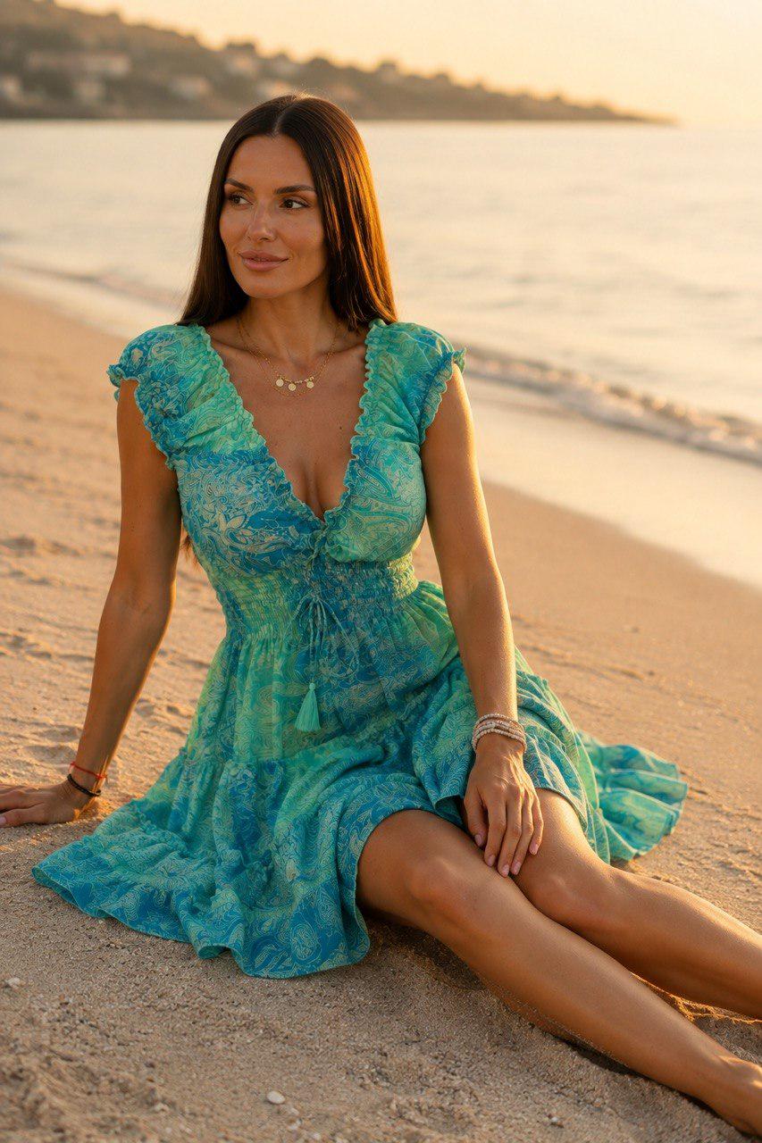 Turquoise Boho Mini Dress, Paisley Summer Dress, Bohemian Beach Dress, Ruffle Sundress, Festival Dress, Vacation Dress, Cottagecore Dress.