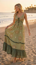 Boho Maxi Dress, Olive Green Embroidered Dress, Bohemian Summer Dress, Beach Dress, Festival Dress, Flowy Maxi Dress, Goddess Dress.