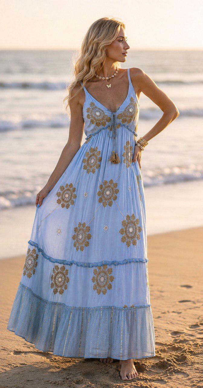 Boho Maxi Dress, Light Blue Embroidered Dress, Bohemian Beach Dress, Summer Sundress, Spaghetti Strap Dress, Festival Dress.