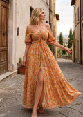 Boho off Shoulder Maxi Dress for Women, Orange Floral Bohemian Dress, Summer Vacation Dress, Wedding Guest Maxi Dress, Silk Boho Dress.