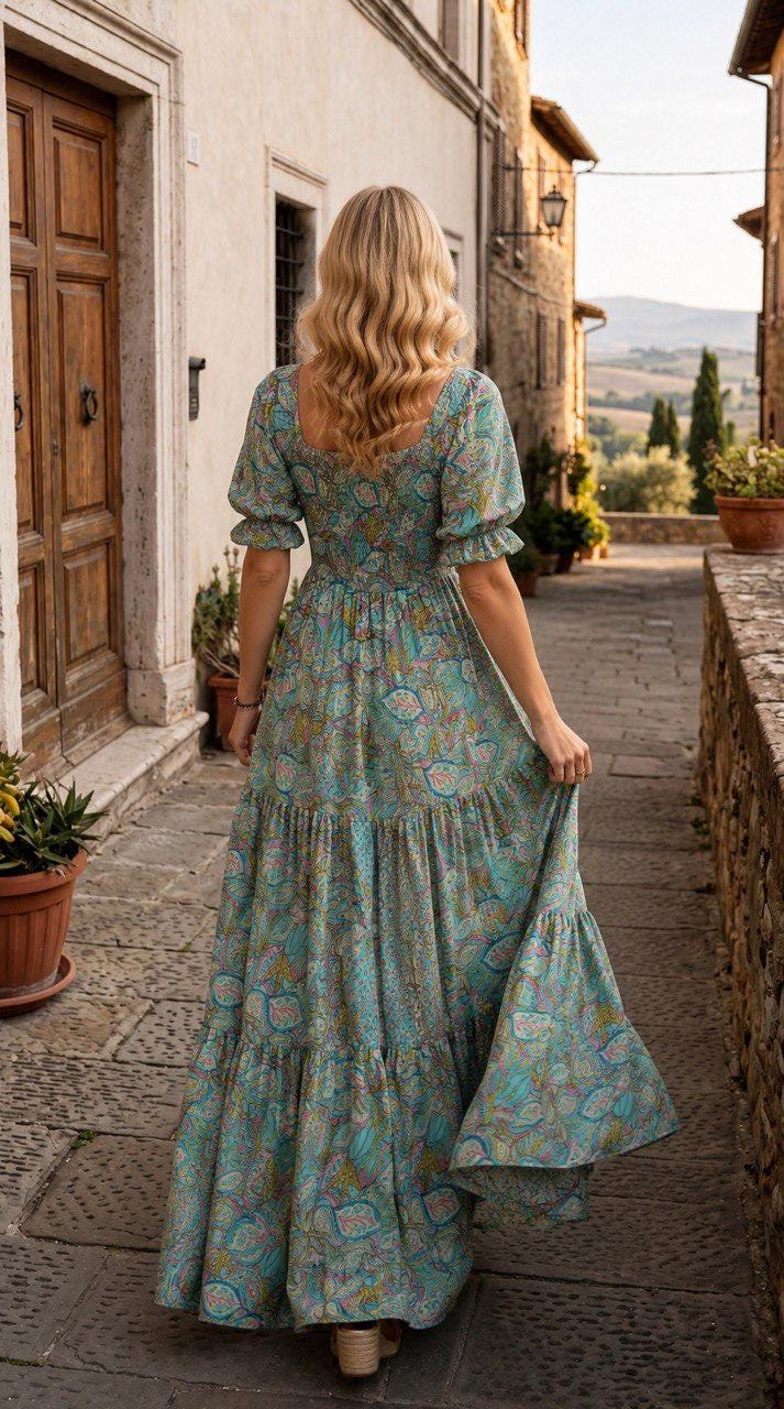 Paisley Boho Maxi Dress, off Shoulder Summer Dress, Flowy Bohemian Dress, Beach Vacation Dress, Romantic Resort Wear.