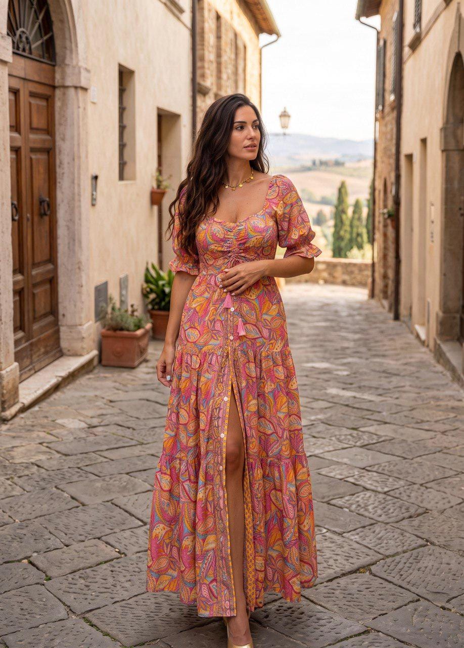 Boho off Shoulder Maxi Dress for Women, Orange Floral Bohemian Dress, Summer Vacation Dress, Wedding Guest Maxi Dress, Silk Boho Dress.