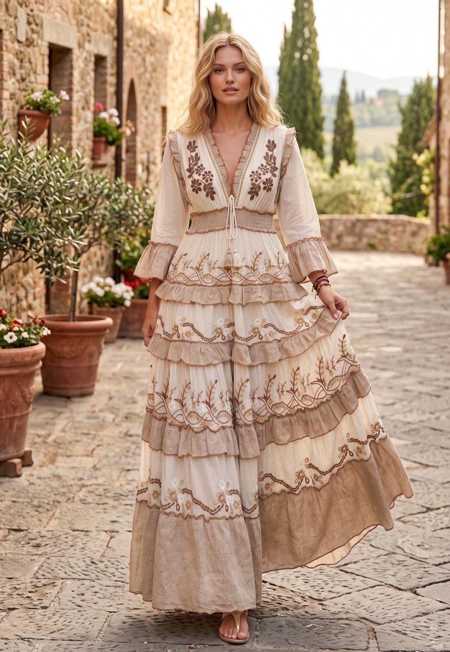 Boho Maxi Dress, Embroidered Tiered Dress, Romantic Cottagecore Dress, Vintage Inspired Summer Dress, Flowy Wedding Guest Dress, Formal Dres