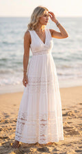 White Boho Maxi Dress, Lace Beach Dress, Romantic Summer Dress, V Neck Cotton Dress, Bohemian Wedding Guest Dress, Boho Wedding Dress.