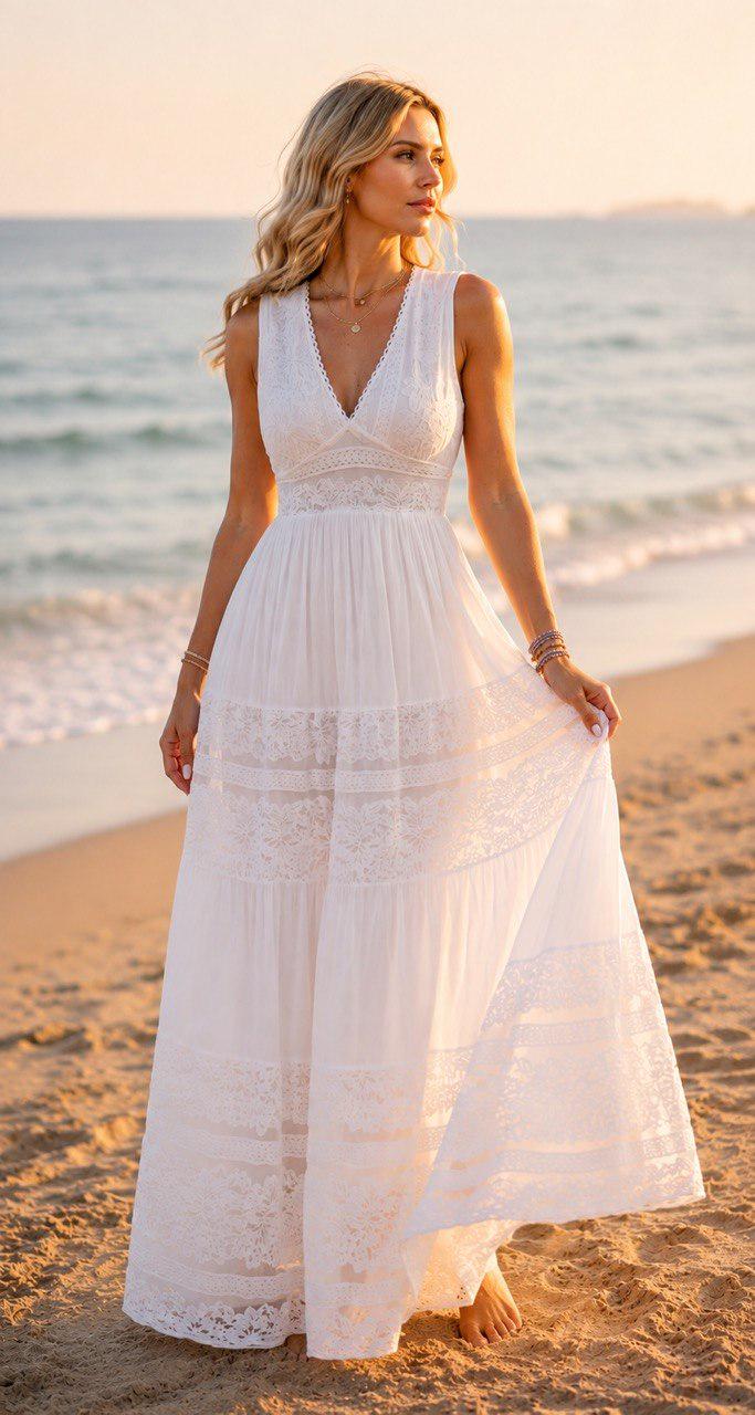 White Boho Maxi Dress, Lace Beach Dress, Romantic Summer Dress, V Neck Cotton Dress, Bohemian Wedding Guest Dress, Boho Wedding Dress.