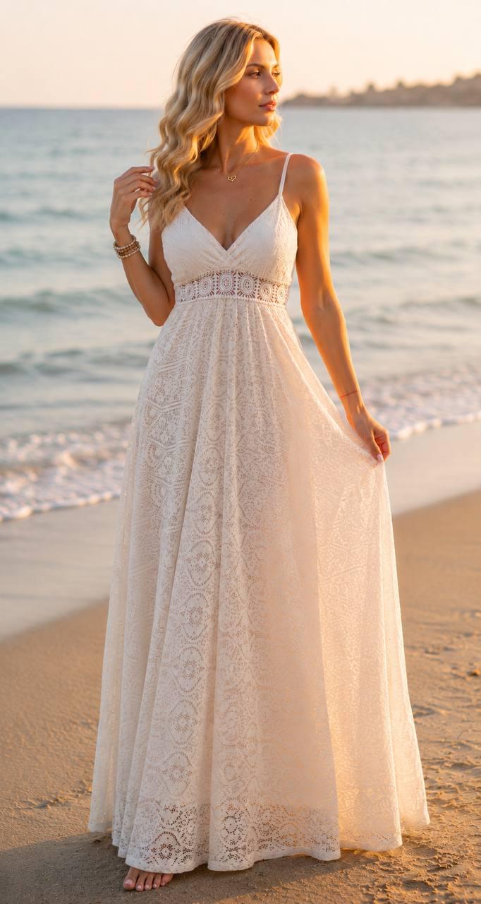 White Lace Maxi Dress, Boho Wedding Guest Dress, Spaghetti Strap Summer Dress, Beach Wedding Dress, Bohemian Bridal Shower Dress, Boho Dress